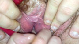 Hairy red pussy wet and spread close up